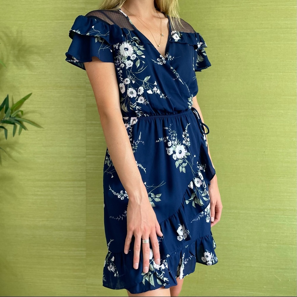 Floral Wrap Boutique Dress in Navy